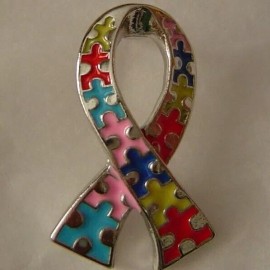 Autism Awareness puzzle ribbon pin, silvertone plate, made in the USA