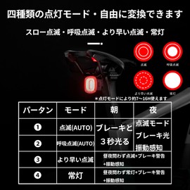 ROCKBROS Bicycle Tail Light, 4 Lighting Modes, Auto Flashing, Vibration Sensing, Brake Warning, Rear Light, COD LED, High Brightness, Waterproof, Type-C Easy Installation, Long Time, Lightweight, Road Bike, Commuting to Work or School or Night Driving, Auxiliary Light