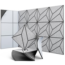 UNECHO 12 Pack 12" X 12" X 0.47" Acoustic Panels for Wall Sound Absorbing, Dual-Color P-Stripes Square Self-Adhesive Sound Panels, High Density Suitable for Multiple Scenarios(Black+SilverGray)
