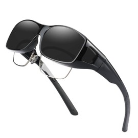 JIANGTUN Fit Over the Glass Sunglasses Warp Around OverSized Polarized Sun Glasses UV Protection, Size L Black Frame Grey Lens