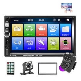 EKAT Double Din Car Stereo Receiver Bluetooth 7 Inch Touch Screen Car Radio Head Unit MP5 Video Digital Player Support Mirror Link TF FM AUX USB + Backup Camera and Remote Control
