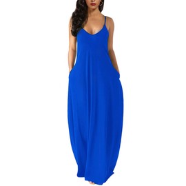 Wolddress Vestido largo casual sin mangas para mujer, talla grande, holgado, liso, con bolsillos, Azul / Patchwork, XL
