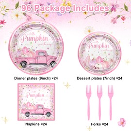 Avezano 96 PCS Little Pumpkin Baby Shower Decorations Pink Pumpkin Plates and Napkins for Girls Fall Autumn Baby Shower Decoration Supplies, Serves 24