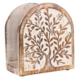 Wooden White Wash Tree of Life Tissue Paper Holder with Full Size Decorative Napkin Stand Tissue Paper Organizer for Home & Kitchen Dining Table Stand