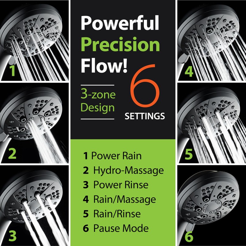 AquaDance High Pressure 6-Setting Matte Black Handheld Shower Head with