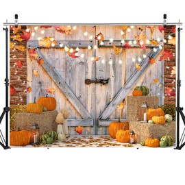 SJOLOON Autumn Backdrop Fall Pumpkin Harvest Photo Backdrop Thanksgiving Day Backdrop Barn Door Maple Leaf Backdrops for Photography Studio props12457 (10x8FT)