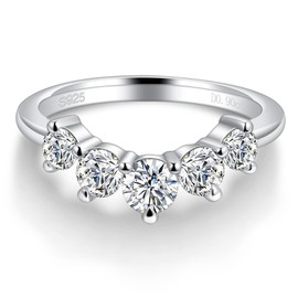 Hitlinker Moissanite Wedding Band for Women 5 Stone Stackable Moissanite Half Eternity Ring Curved 18K White Gold Plated 925 Sterling Silver Round Cut Lab Created Diamond Rings D Color VVS1 Guard Enhancer Size 6