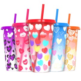 Color Changing Cups, 24 oz Plastic Reusable Tumblers with Lids and Straws for Party and Travel | for Iced Coffee Tea and Smoothie - 5 Pack, Heart Style,Valentine's Day Gift, BPA-free
