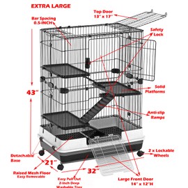 X-Large Deluxe 4-Level in/Outdoor Rabbit Hutch Cage for Ferret Squirrel Chinchilla Solid Platform Ramp Mesh Floor Easy Clean 2-Inch Deep Leakproof Tray Large Access Doors Lockable Casters
