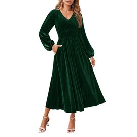 ZESICA Women's Velvet Midi Dress Casual V Neck Long Sleeve Solid Color Elastic High Waist Flowy Evening Party Dresses,Green,Small