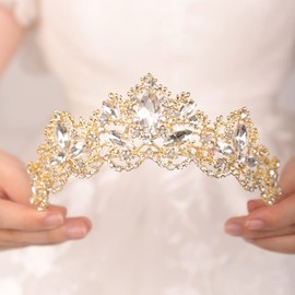 Wekicici Crystal Tiara Crowns Princess Rhinestone Crown with Combs Bridal Headbands Wedding Costume Prom Birthday Birthday Party Hair Accessories for Women Girls (Style5), gold
