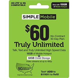 SIMPLE Mobile $60 Truly Unlimited Talk,Text,Data +ILD Plan [Physical Delivery]