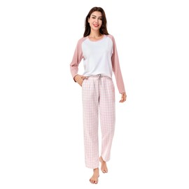 DAVID ARCHY 2 Piece 100% Cotton Pajamas Womens PJS Sets Long Sleeve and Plaid Pants Sleep Wear Set for Women Loungewear (M, White+Placid Pink)