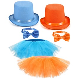 Geyoga 6 Pcs Women Blue and Orange Top Hat Costume Include Bow Tie and 5 Layered Tutu Skirt Tall Hat Female Novelty Cosplay Costume for Women Funny Party Cosplay
