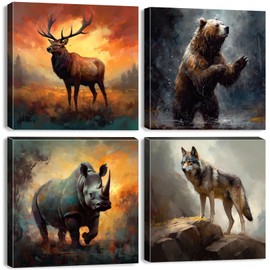 Wildlife Wall Art Kids Bathroom Abstract Animal Wall Decor Rustic Bear Moose Rhino Wolf Pictures for Living Room Colorful Nature Forest Mountain Canvas Prints Artwork Bedroom Home Decoration 12x12" 4P