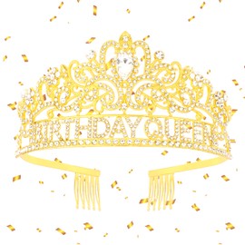TIHEBAX Birthday Crown, Gold Birthday Queen Crowns and Tiaras for Women Rhinestone Crystal Birthday Crowns for Girls Happy Birthday Decorations Hair Accessories Party Favors