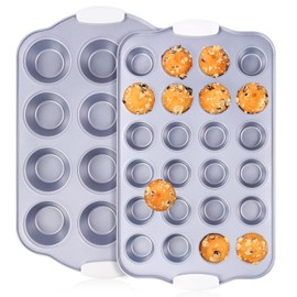 SJ Muffin Pan with Heat-Resistant Handles, Healthy Nonstick Coated 12-Cup Muffin Pan With 24-Cup Mini Muffin Pan for Homemade Muffins, PFOA & PFAS-Free Cupcakes, Oven and Dishwasher Safe - Set of 2