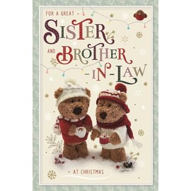 ICG Sister and Brother-in-Law Christmas Card - Barley Bear Couple with Woolly Jumpers and Hats Embossed with Foil Details