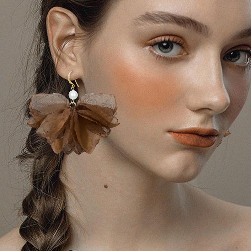 unixmoment Bohemian Big Pearl Fabric Flower Fringe Dangle Drop Earrings