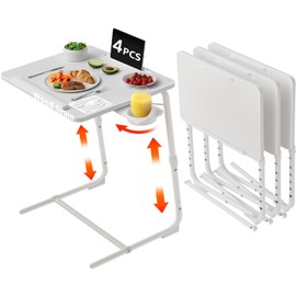 NUTIKAS TV Trays Set of 4 - Folding TV Tray Adjustable Dinner Trays for Eating On Couch Wooden Tables Mate Stand Foldable White Desk with Cup Holder Portable