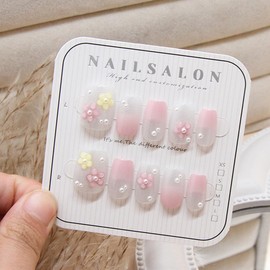 BQZQPAMZ 3D Flower False Nails With Glue Short Gradient Press on Nails Kit Acrylic Set Glitter Square Stick on Nails Glossy Full Coverage Glue on Nails for Women Spring Manicure-24Pcs