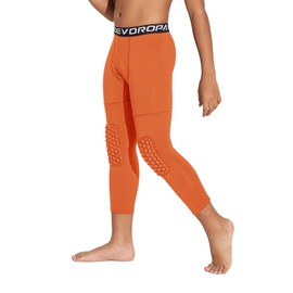 DEVOROPA Youth Boys' Compression Pants with Knee Pads 3/4 Basketball Athletic Tights Quick Dry Sports Workout Leggings Orange M