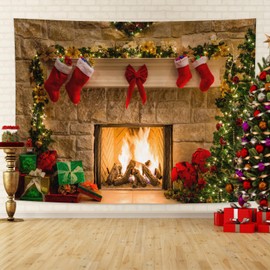 Aicmerk Christmas Fireplace Stockings Decor Xmas Wall Hanging Tapestry Wall Art for Bedroom Room Dorm Outdoor Décor for Bedroom, Living Room, Dorm (Christmas, Orange, 50 * 60 Inch)