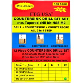 FTG USA Countersink Drill Bit Set for Wood with Tapered Drill Bit 12 Pc #10 (3/16")