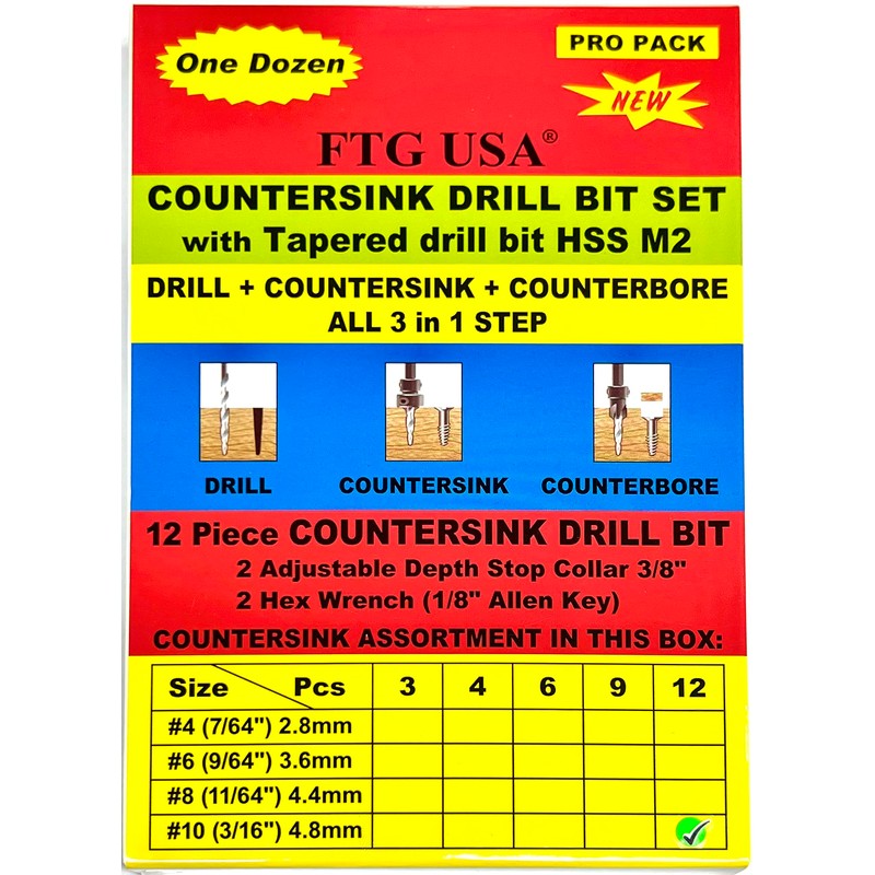 FTG USA Countersink Drill Bit Set for Wood with Tapered