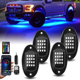 4 Pods RGB LED Rock Lights with APP/RF Remote Control High Brights Waterproof Underglow Multicolor Zone Neon Exterior Rock Lights for 12V Trucks Jeep UTV ATV RZR Offroad Pickup SUV Accessory