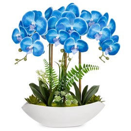 Briful Blue Orchid Artificial Flowers 18in Fake Orchid Silk Flowers with Ceramic Pot Faux Orchid Arrangement for Home Office Room Coffee Table Shelf Modern Decoration