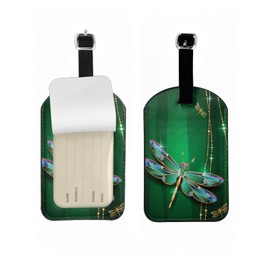 Zoczos Beautiful Dragonfly Leather Luggage Travel Bag Tags Blue Gem Green Background Luggage Tag Holder Name ID Labels Set for Men Women, 1 Pack