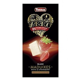 Torras Zero Schokolade, Schokolade ohne Zuckerzusatz, Weiße Schokolade mit Erdbeerstückchen, Tafel (125g)