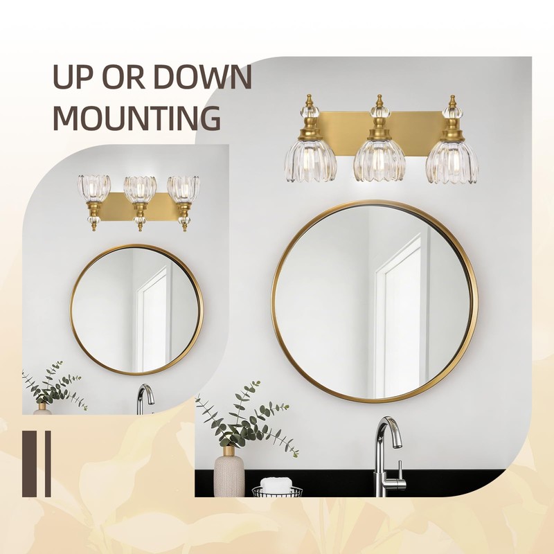 LIROUVET 3 Lights Brass Gold Crystal Bathroom Vanity LightsLight Fixtures