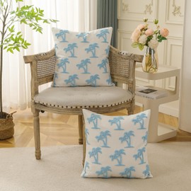KOOLIFE Coastal Blue Coconut Trees Couch Throw Pillow Covers 18x18 Inch Set of 2 Hampton Style Embroidery Decorative Pillow Covers Beach Summer Cushion Covers for Home Decor Sofa Bedroom Living Room