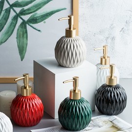 Ceramics Gold Soap Dispenser for Bathroom, Relief Soap Dispenser for Kitchen Sink, 400ml/13.5Oz Refillable Liquid Hand Soap Bottle with Gold Pump (White).