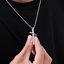 XUANPAI Cross Necklace Silver with Engraving for Men – Pack of 2 Chains with Cross Pendant Stainless Steel Sweatproof Cuban Chain Graduation Birthday Gifts for Son Boys Men, Stainless Steel, No