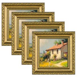 eletecpro 4x4 Picture Frames Set of 4, Ornate Vintage Photo Frames with Glass, Rustic Gold Frame Displays 4x4 Photo for Tabletop, Gold