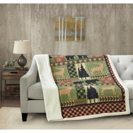 Private NEW COUNTRY SIDE FOREST GREEN QUILTED SHERPA SOFT THROW BLANKET 50x60 INCH