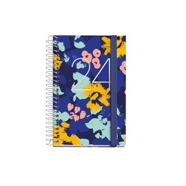 Miquelrius - 2024 Year Planner Week to View Caddy 80x120mm Hardback Spiral Bound Rubber Closure Catalan, English & Portuguese Flowers with Stamps Silver