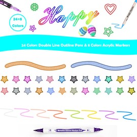 Permulaan 24 Color Double Line Outline Pens With 8 Colors Double Head Marker Pens for Christmas Card Writing, Birthday Wishes, Gifts, DIY Arts And Crafts, Girls Stockings Filling