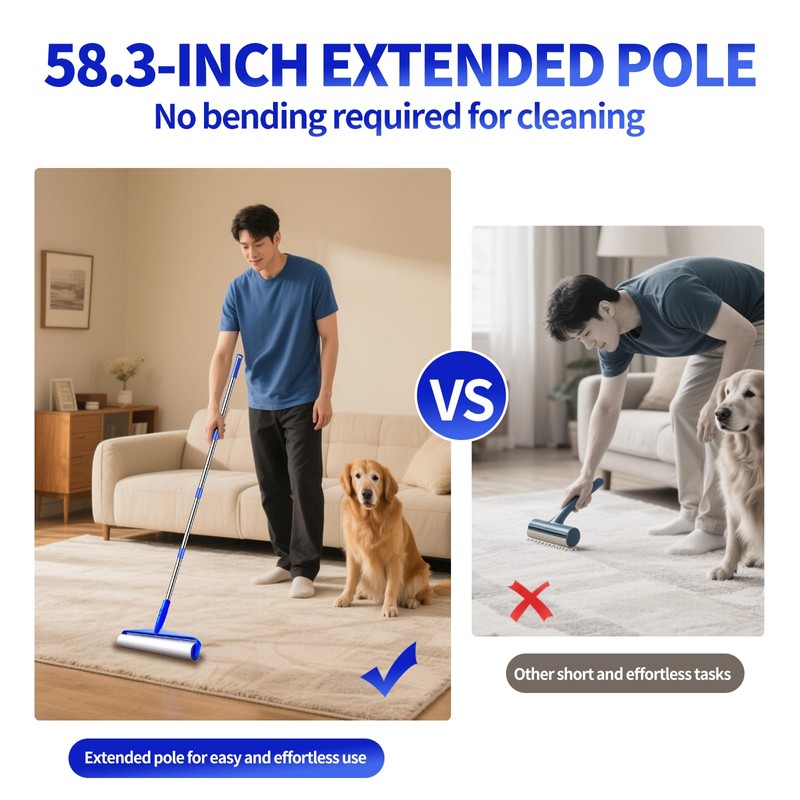 9.84" Large Extra Sticky Lint Roller, 58.3" Long Handle Lint