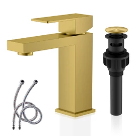 KENES Brushed Gold Bathroom Faucets, Modern Single Hole Lavatory Vanity Faucet, Single Handle Bathroom Sink Faucet Gold, with Pop Up Drain & Water Supply Hoses LJ-9031-4