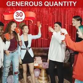 30 Pack Red Foil Fringe Curtain Backdrop, 3.3x8.2 Feet Metallic Tinsel Streamer Curtains Photo Booth Props for Wedding/Anniversary/Bridal Shower/Christmas/New Year/Valentine's Day Party Decorations