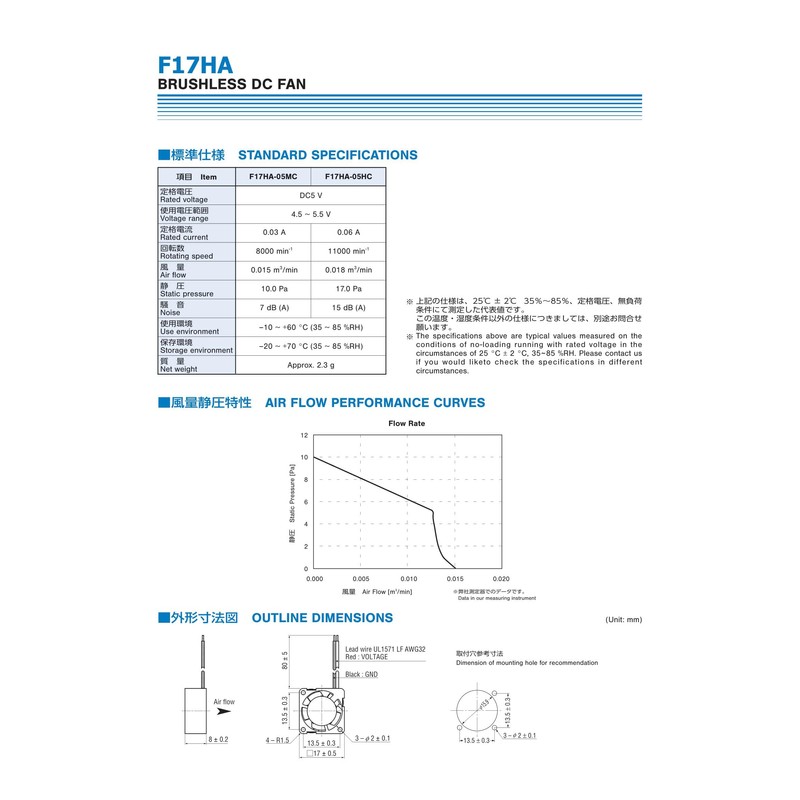 F17HA-05MC 5V 17mm Square Fan Motor Nidec Precision