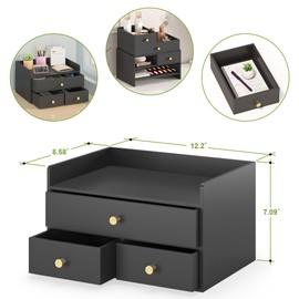 Bamboo Desk Organizer with Drawers Wooden Desktop Storage Drawers for Bills Office Supplies Kitchen Utensils Organizing Tool for Home Classroom Organization No Assembly (3 Drawers, Black)