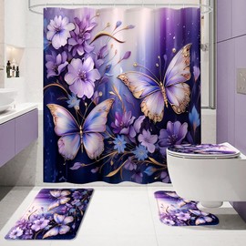 4 Pcs Purple Floral Butterfly Shower Curtain Set with Non-Slip Rugs, Modern Toilet Lid Cover and Bath Mat, Elegant Bathroom Decor Set with Shower Curtain and Rugs(Hooks Not Included)