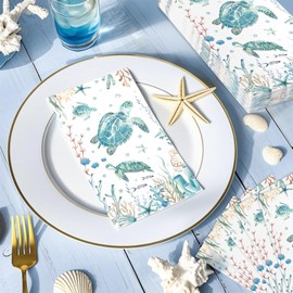 100 Pcs Coastal Turtle Paper Napkins 3 Ply Summer Ocean Green Sea Turtles Disposable Absorbent Hand Towels Coral Starfish Guest Bathroom Napkins for Holiday Beach Birthday Nautical Party Supplies