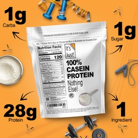 It's Just! - 100% Casein Protein Powder, Made in USA, One Ingredient, Slow Burning, Time Release (1 Pound (Pack of 1), Unflavored)