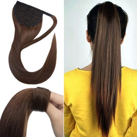 Rich Choices Ponytail Extension Human Hair Real Hair Ponytail Extension Balayage Medium Brown 18 Inch 90g One Piece Clip In Wrap Around Long Ponytail Extension Straight For Women #4